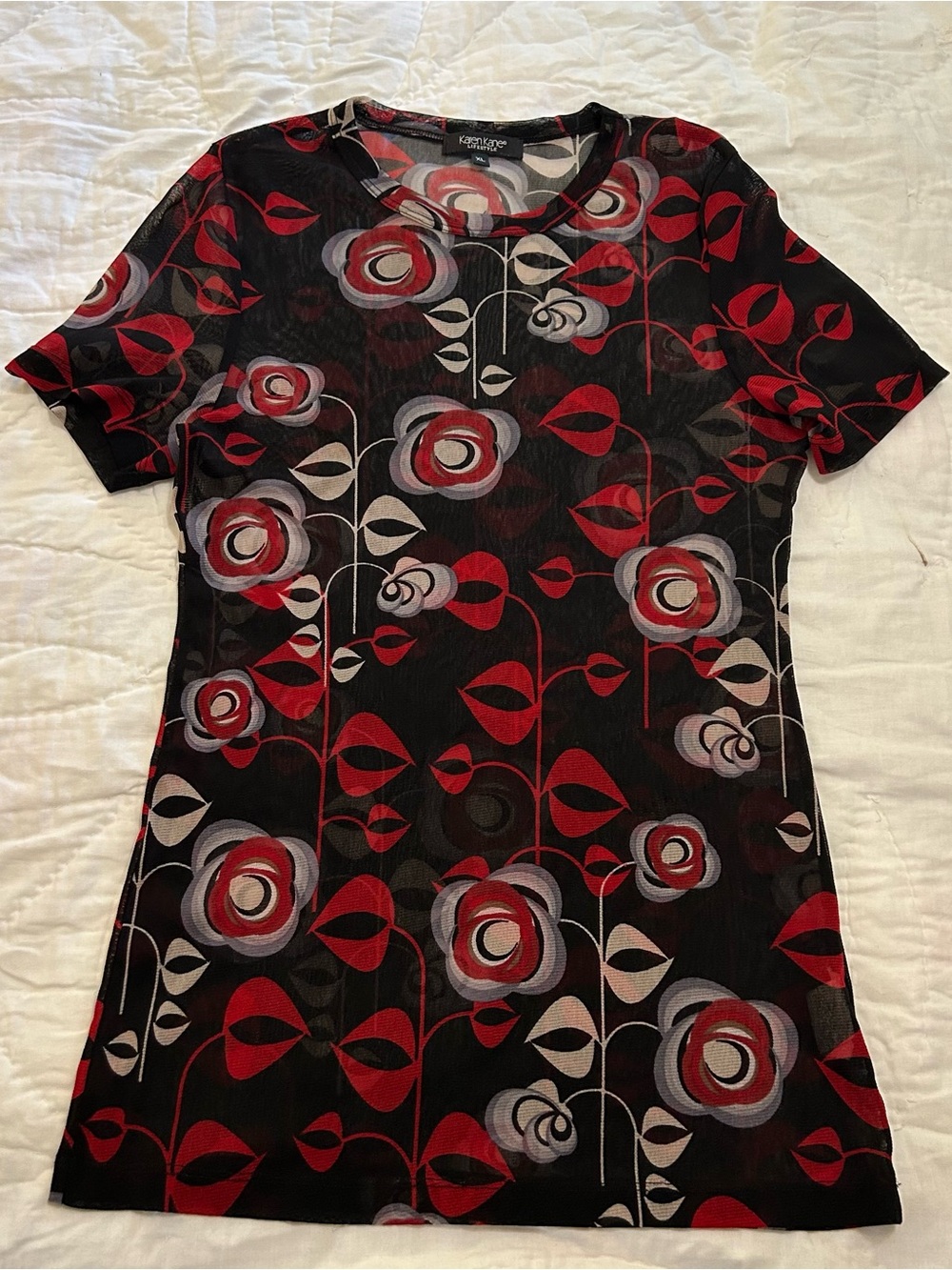 Karen Kane Mesh Shirt Top Womens XL Abstract Floral Fitted Coastal Aunt Festival